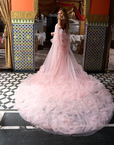  a bride wearing a blush pink wedding dress with a train
