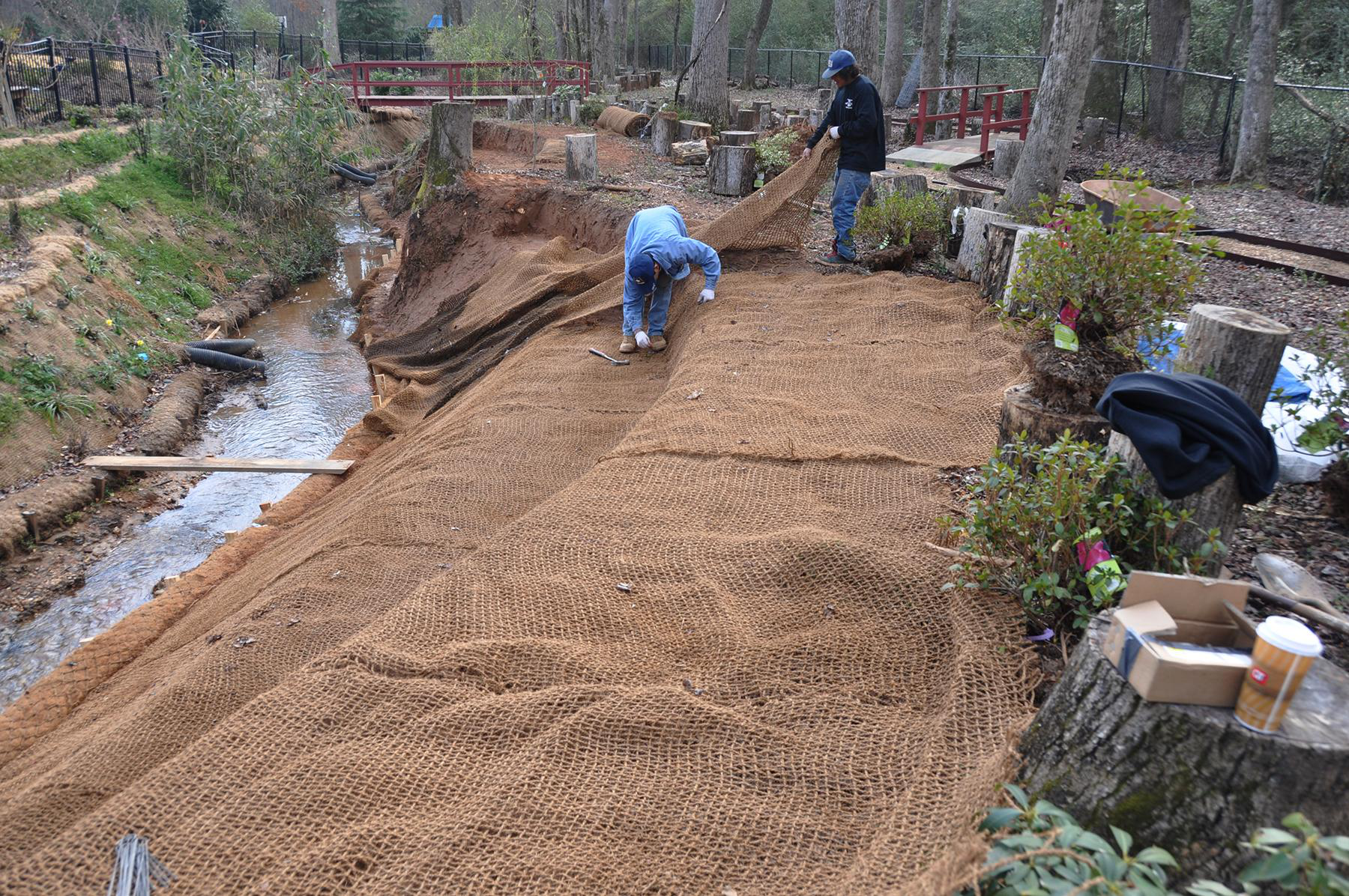 Coir blankets being installed 